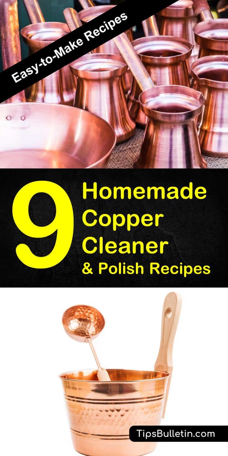 Learn how to clean copper with these easy-to-make homemade copper cleaner and polish recipes. Includes DIY recipes to clean and polish even stubborn tarnish with simple ingredients like baking soda, white vinegar, flour or salt. #copper #cleaning #polishing #coppercleaner