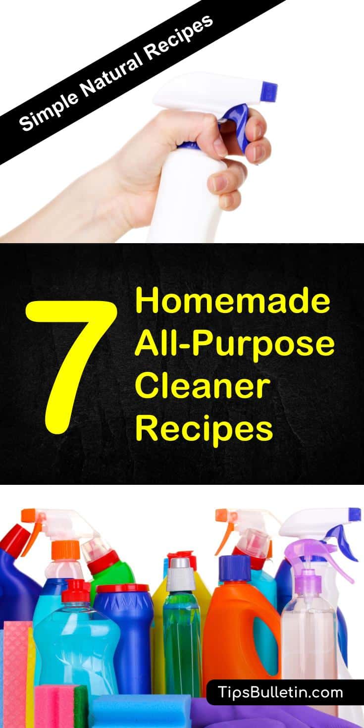 Discover 7 of the best homemade all-purpose cleaner recipes ranging from disinfectant, deodorizer, heavy duty to abrasive. All cleaning recipes are based on natural ingredients such as vinegar, baking soda, tea tree oil, hydrogen peroxide, castile soap or essential oils.#diy #homemade #cleaner #home