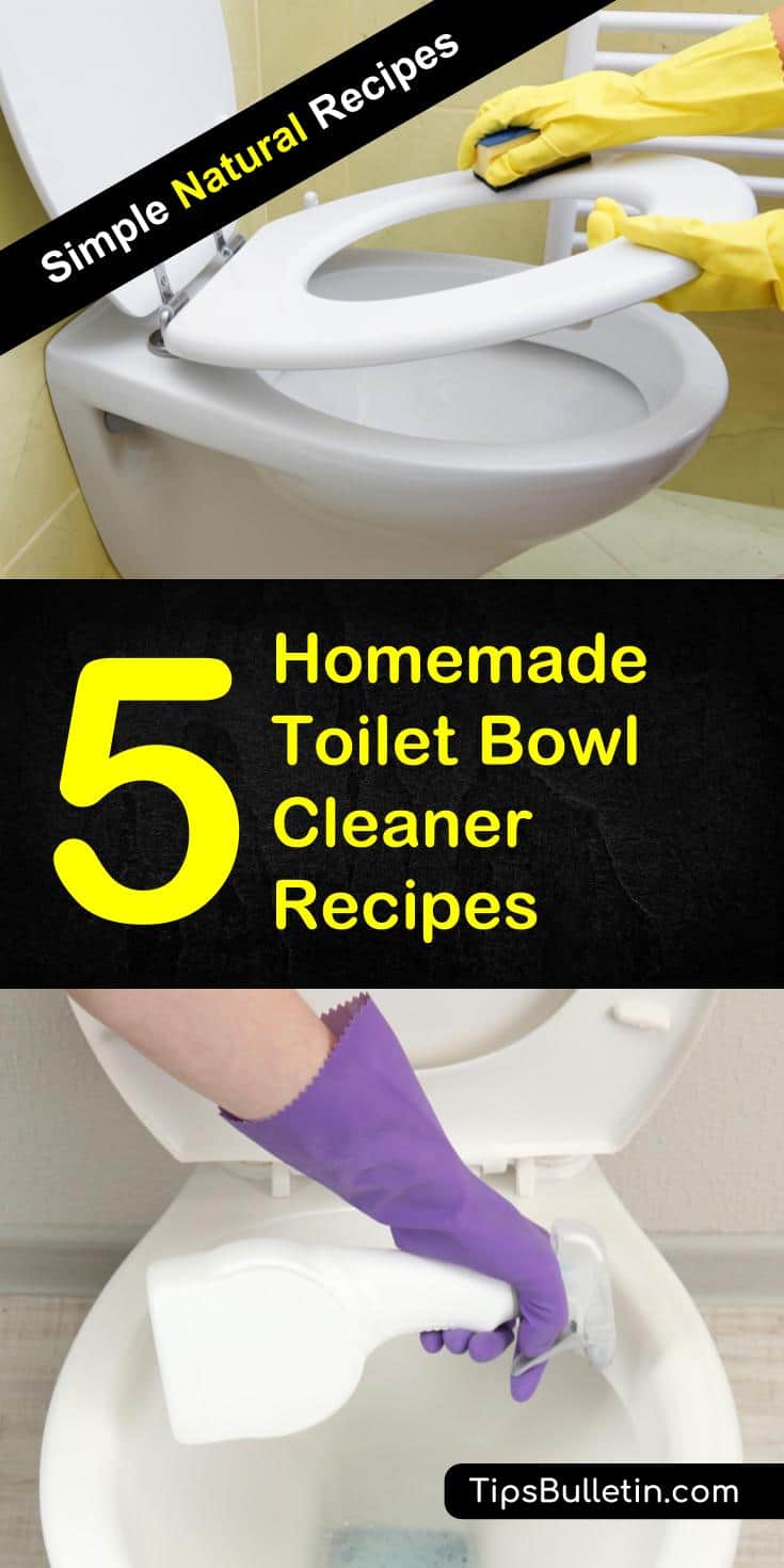 Clean your toilet all natural with these 5 homemade toilet bowl cleaner recipes. Covering cleaning tips and recipes with baking soda, vinegar, tea tree essential oil, borax, Castille soap and citric acid. These DIY cleaner will disinfect your toilet naturally. #toilet #cleaner #cleaning #natural