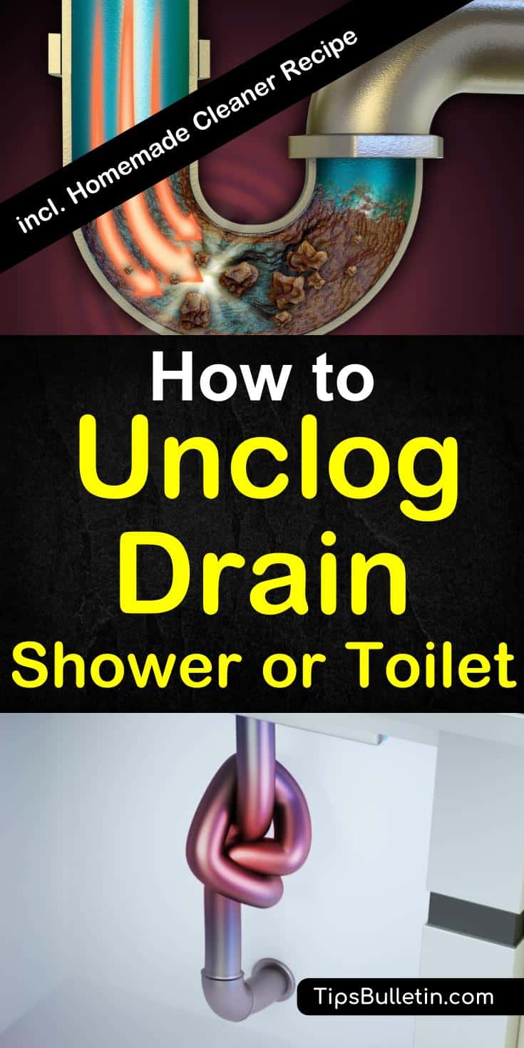 How to unclog a drain, shower or toilet -using a simple homemade cleaner recipe and diy tricks, you can easily clean the pipes of your kitchen sink, bathroom shower or toilets. prevent clogged drains from hair and grease naturally using vinegar, baking soda, borax or peroxide #unclog #drain #sink