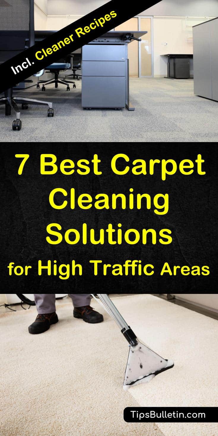 The 7 best carpet cleaning solutions for large high traffic areas such as hallways, office or commercial floors. Includes recipes for homemade carpet spot remover and DIY cleaning solutions for carpet cleaning machines such as Bissel or Kirby. #carpetcleaningcommercial #traffic #officecleaning