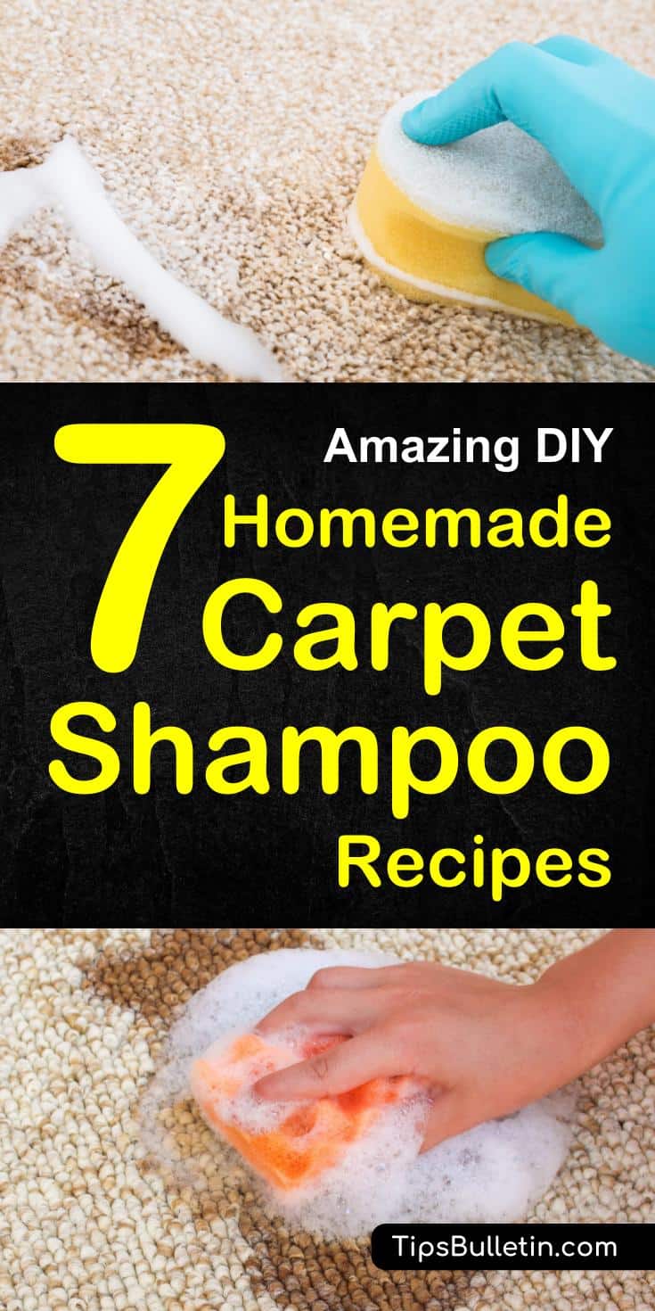 7 DIY Homemade Carpet Shampoo Recipes - including DIY recipes of natural carpet cleaner for light-colored, carpet cleaning machine solution, a homemade citrus-enzyme cleaner, a pets stain odor remover spray and hydrogen peroxide baking soda carpet soak.#carpetshampoo #cleaner #homemade