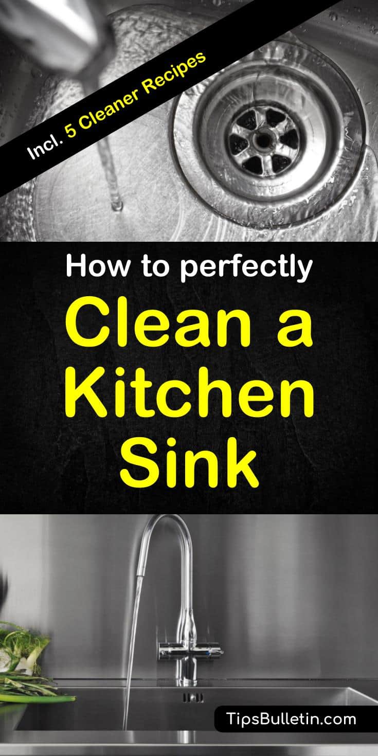 How to clean a kitchen sink - including recipes and tips to for cleaning porcelain, granite, copper and stainless steel sinks. Additionally shows how to clean the garbage disposal and unclog a kitchen sink without calling a plumber.#kitchensink #cleaning #unclog