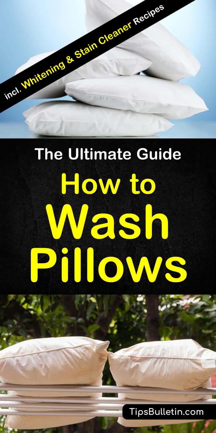 How to wash pillows - including tips on washing by hand and in the washing machine (front and top loader), whitening yellow pillows, cleaning those sweat stains pillows using baking soda, hydrogen peroxide, vinegar or bleach. Includes laundry recipes.#washpillows #laundry #pillow #bed