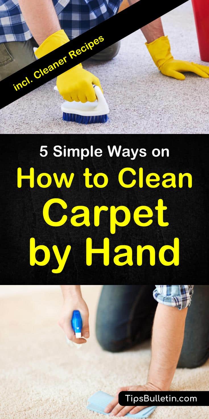 Find out how to best clean carpet by hand. Including homemade DIY carpet stain cleaner recipes with baking soda and vinegar. Shows how to remove stains from area rugs in living rooms by hand and what products best to use for it. #carpetcleaning #cleaner #carpet #DIY #homemade