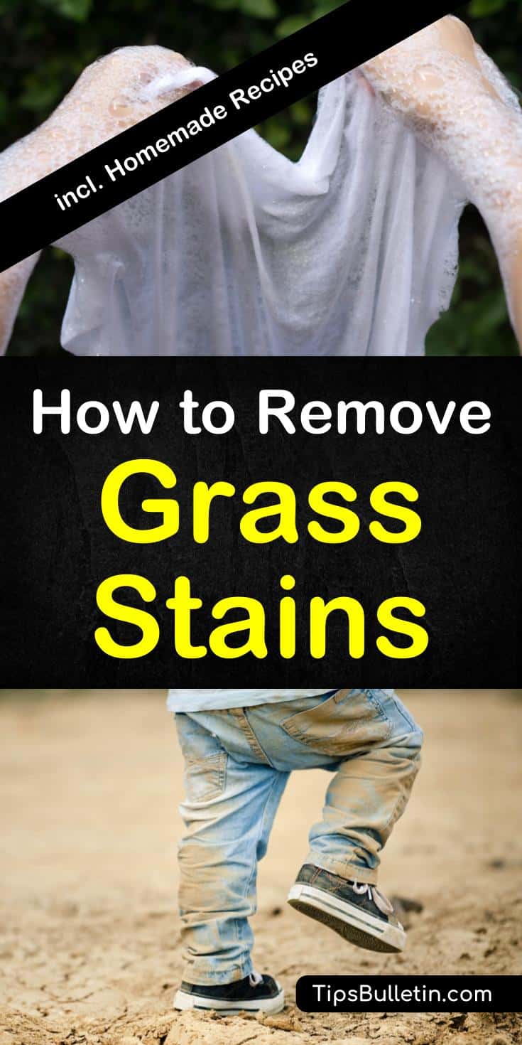 Tips and tricks on how to remove grass stains from clothes, including jeans and shoes. Includes multiple simple homemade stain remover recipes using baking soda, vinegar and rubbing alcohol. Detailed instructions on how to get grass stains out.#grass #laundrytips #remove #stains