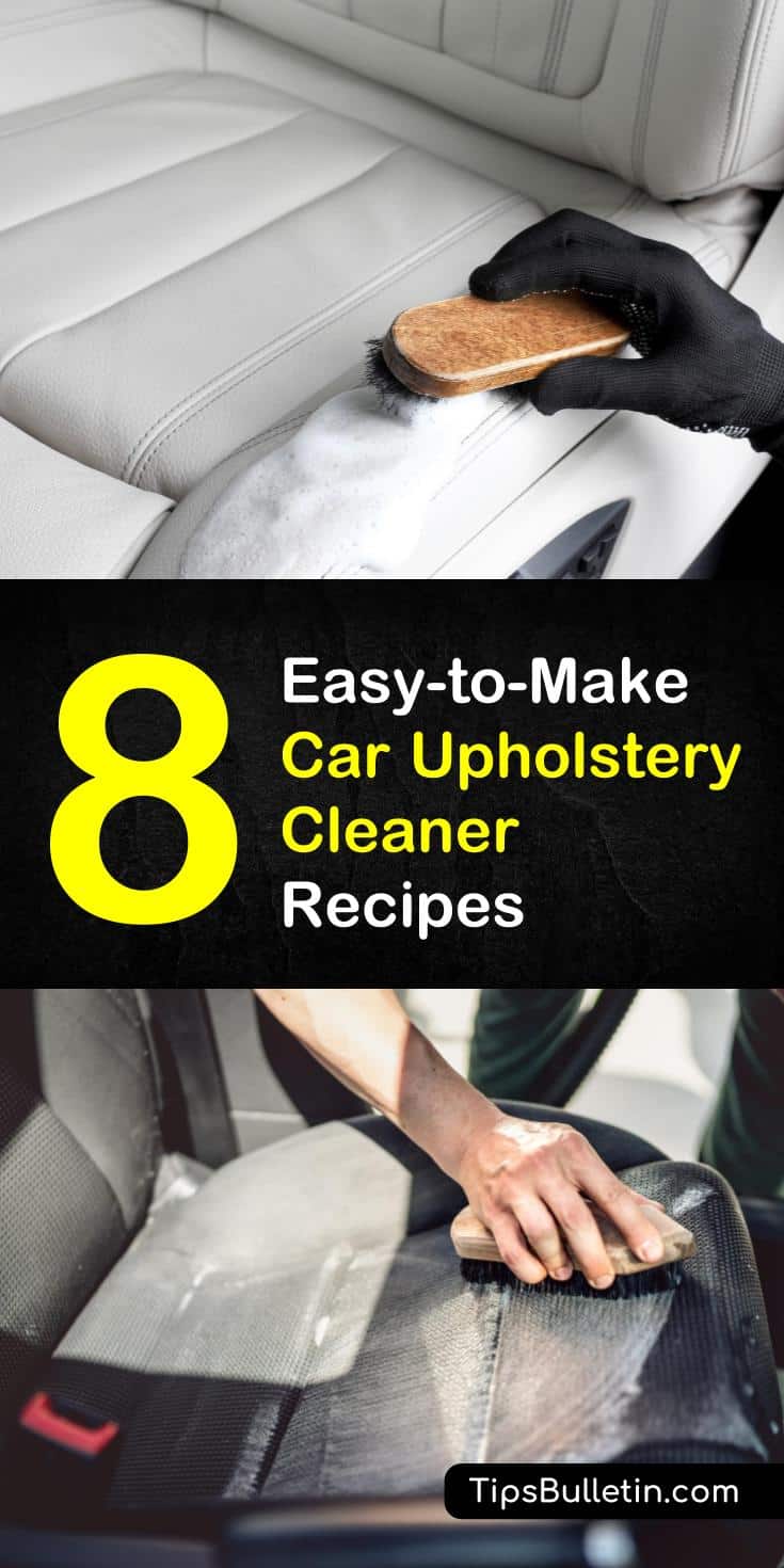 Find out how to clean car upholstery with these 8 amazing DIY car upholstery cleaner recipes. Make homemade cleaning solutions with everyday products like white vinegar and baking soda and remove stains from the interior of your vehicle. #diycleaners #upholsterycleaner #carcleaning #carupholstery