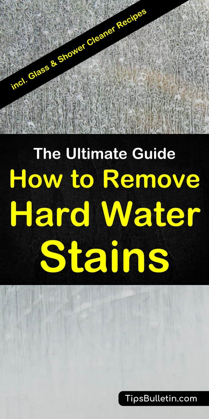 Cleaning tips on how to remove hard water stains from common household surfaces. Covering how to get rid of water stains from glass and windows, shower, toilet, tub, tile, sink, and faucets using natural homemade cleaner recipes based on vinegar, baking soda, lemon, and hydrogen peroxide. #waterstains