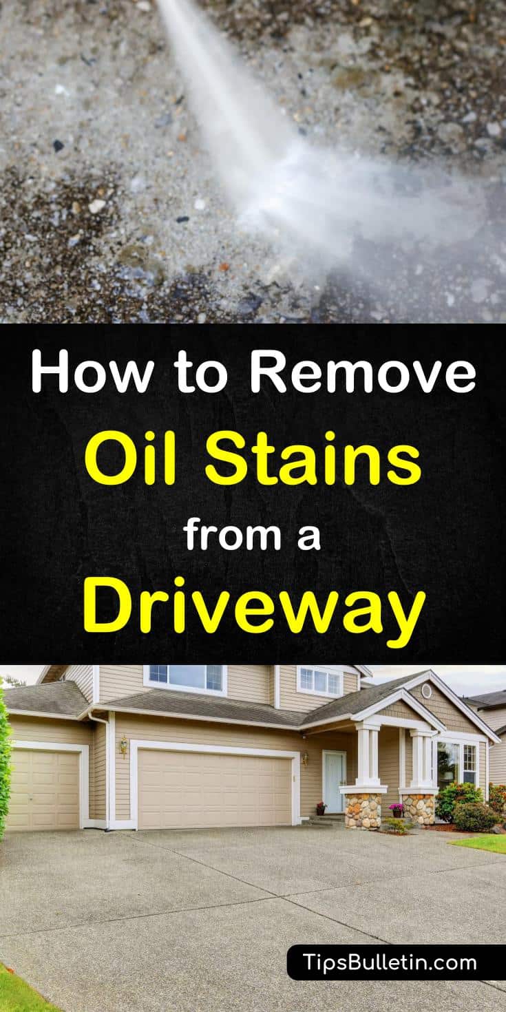 Learn how to remove oil stains from your driveway with simple home remedies. Using baking soda, liquid soap and others you can clean the concrete driveway in no time. Includes cleaning recipes. #driveway #cleaning #stains #concrete