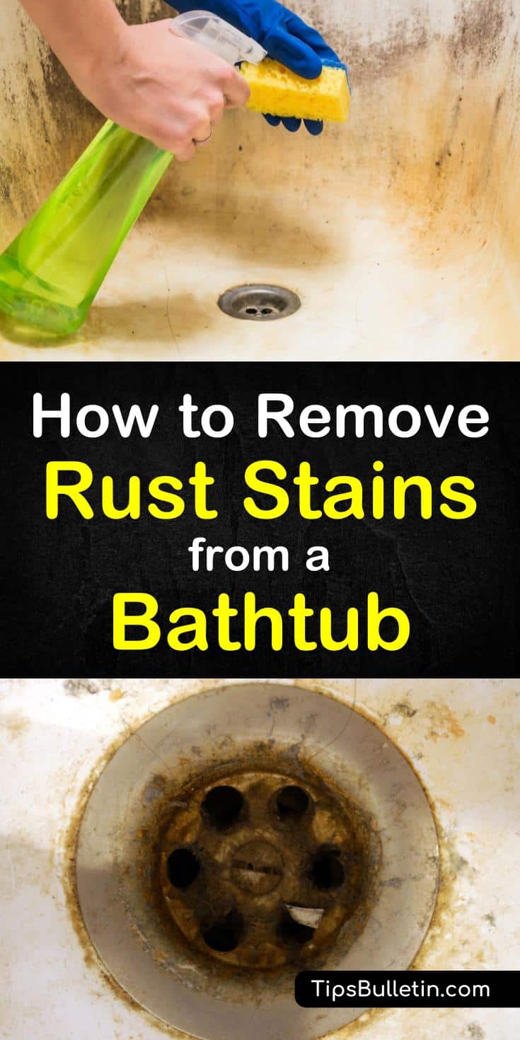 Learn how to remove rust stains from a bathtub. Covering cleaning tips and recipes for homemade rust cleaner based on common home remedies. From using baking soda to hydrogen peroxide to clean bath tubs, sinks and toilets from rusty stains. #rust #bathtub #fiberglass #tub #bathroom #cleaner