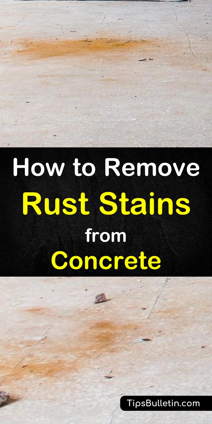 Find out how to get rust stains off concrete with simple cleaning recipes made from household items. Use lemon juice, white vinegar, and other ingredients and clean those rusty spots in your concrete driveway or garage floor. #rust #cleaning #rustconcrete #cleaning #stain