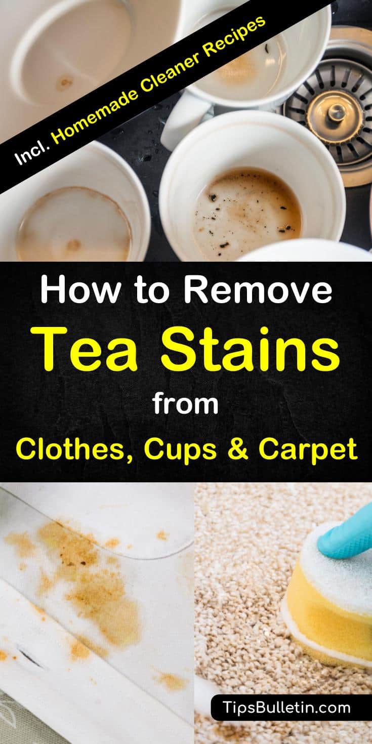Find out how to remove tea stains from clothes, fabric, cups, coffee mugs, carpet, and upholstery. Covering stain removal tips and cleaner recipes made of common home remedies like baking soda, vinegar, salt and more. #teastains #tea #stains #remove #clean #cups