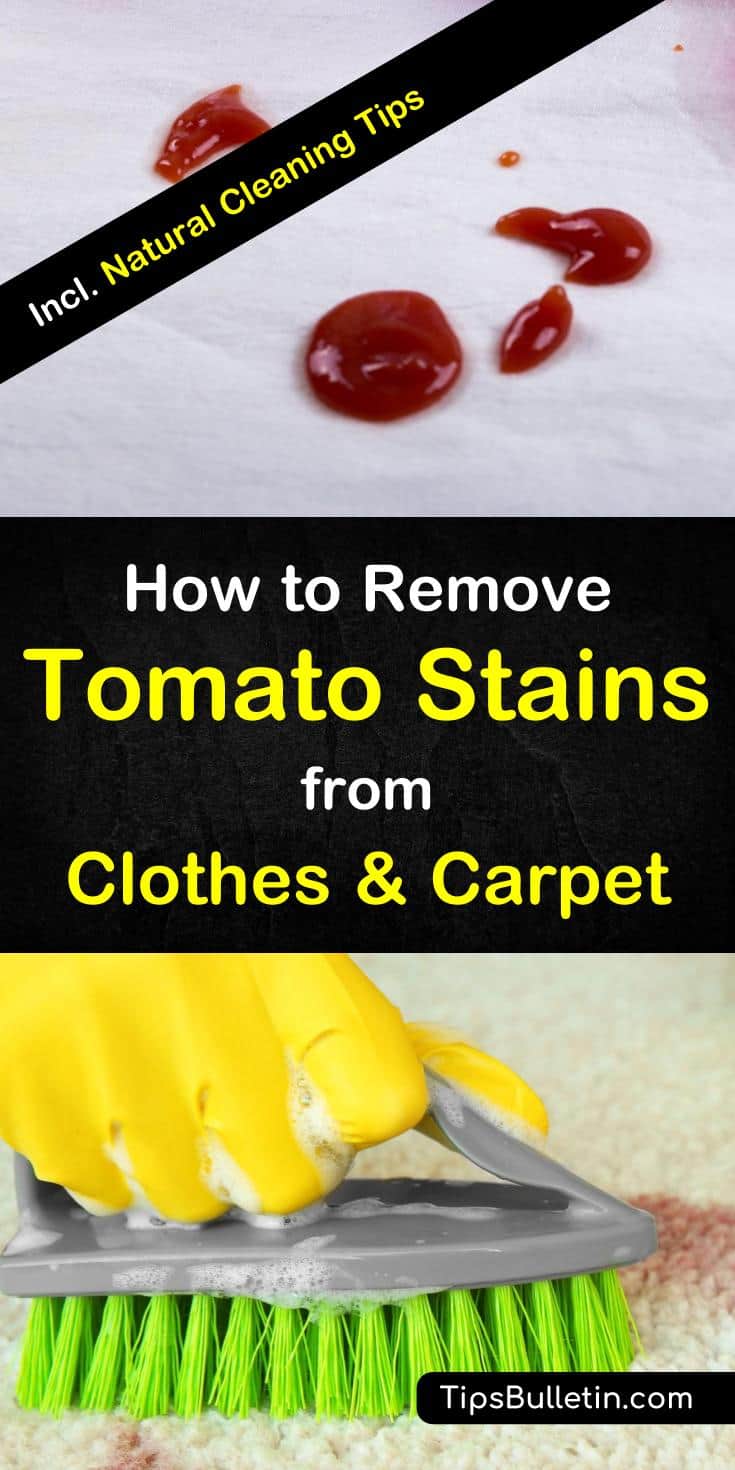 Learn how to remove tomato stains from clothes and carpet. Including how to get rid of tomato ketchup and sauces stains and tips using natural home remedies like baking soda, vinegar, and hydrogen peroxide. Ideal to get tomato stains out. #stains #tomatoe #sauce #laundry #carpetcleaning