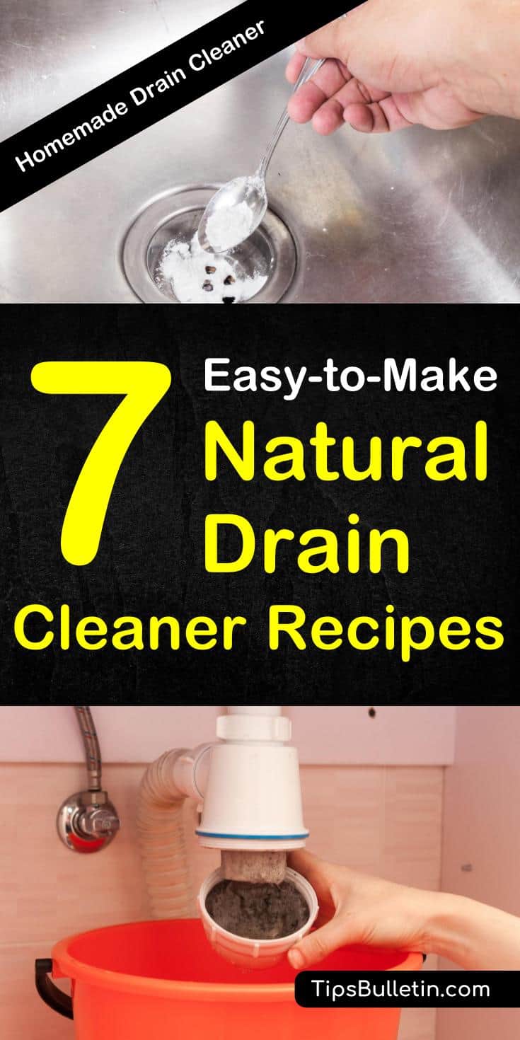 How to make 7 natural drain cleaner recipes using simple products like white vinegar and baking soda. Discover easy DIY tips for removing clogs from bathroom sinks and kitchen pipes. These homemade drain cleaners will get your water flowing again. #drain #naturalcleaning #draincleaner