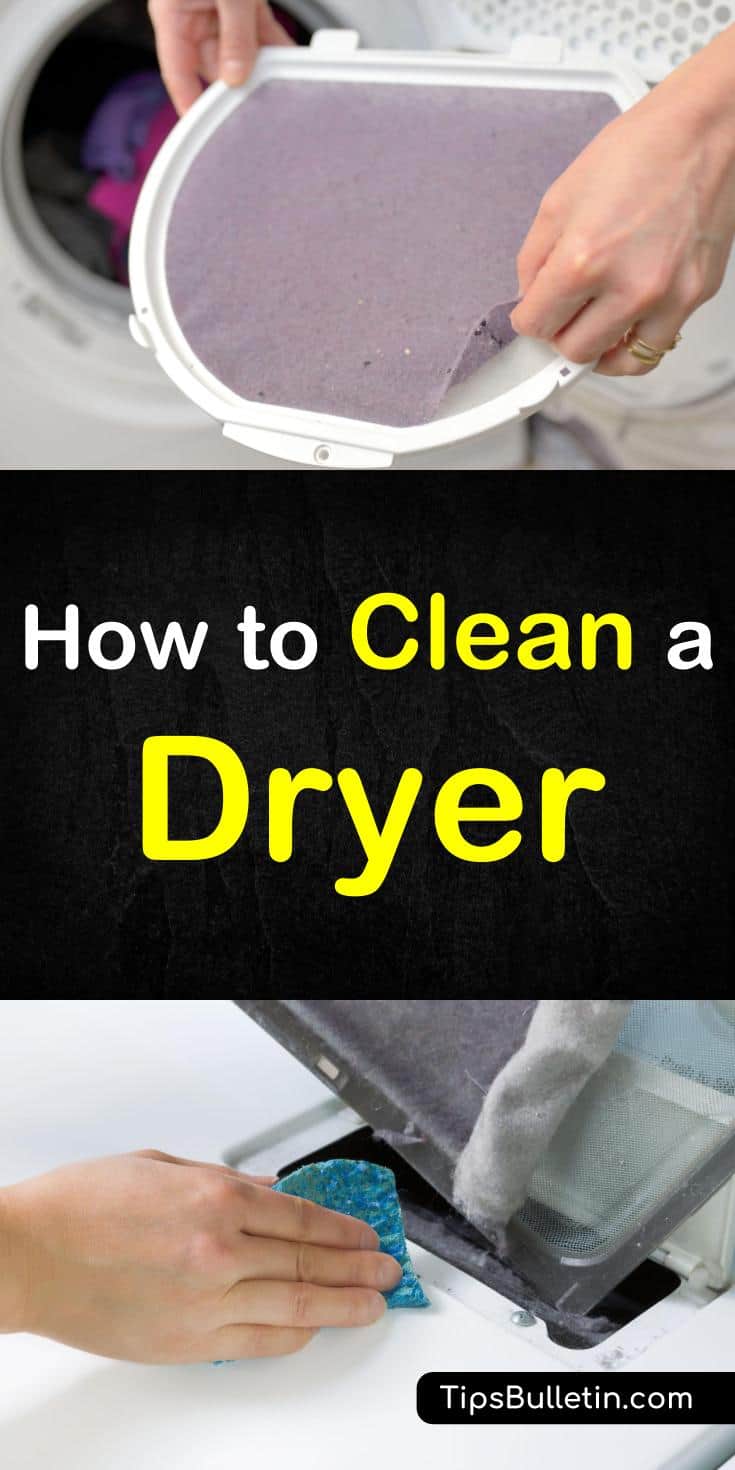 Find out how to clean a dryer with these simple tips. Learn how to clean the drum, vent, and lint trap with everyday products like baking soda, white vinegar, and essential oils. Having a clean washing machine will result in cleaner laundry and less static clean. #cleandryer #dryer #laundry