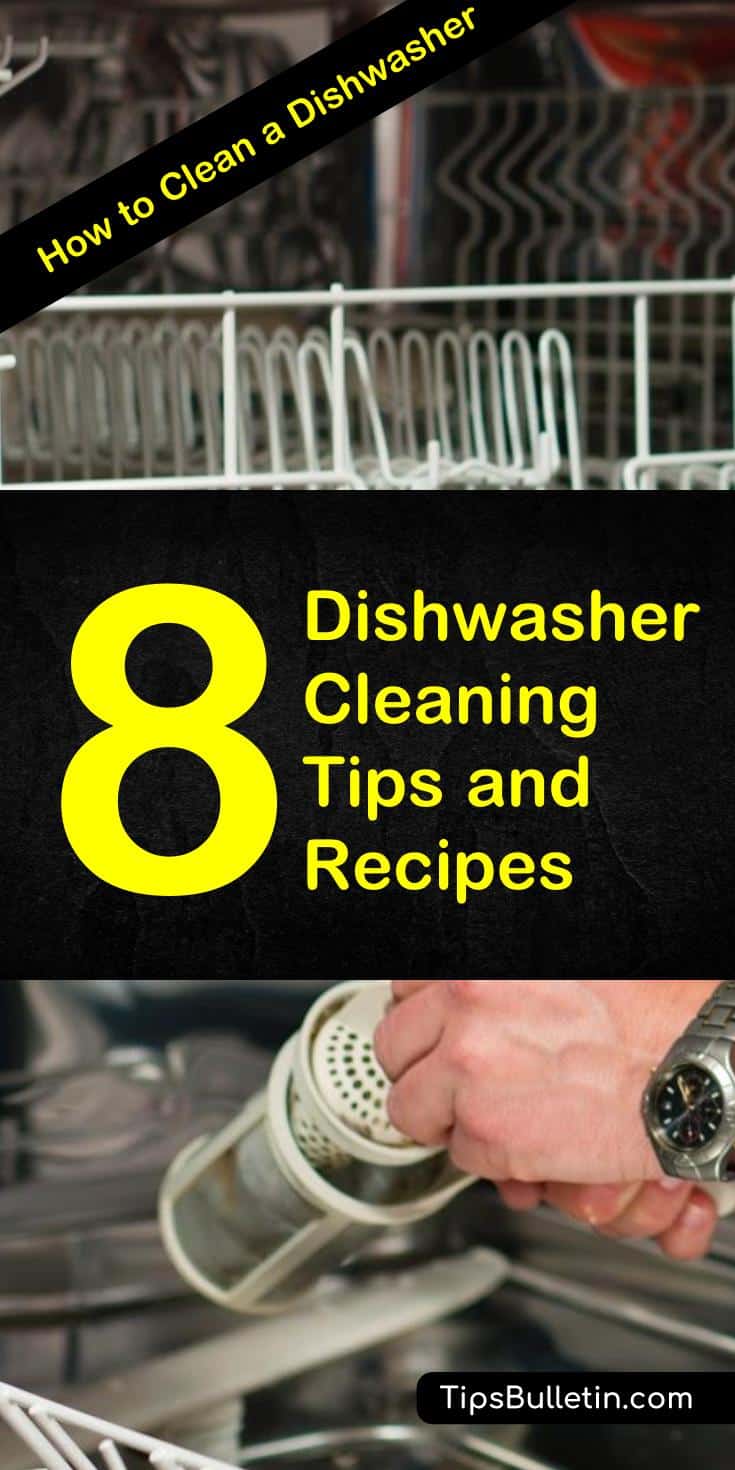 Find out how to clean a dishwasher that smells, with vinegar and other everyday ingredients like baking soda and hydrogen peroxide. Learn how to remove hard water stains and how to make simple DIY cleaning recipes at home. #cleandishwasher #dishwashercleaners #dishwasher #diycleaners