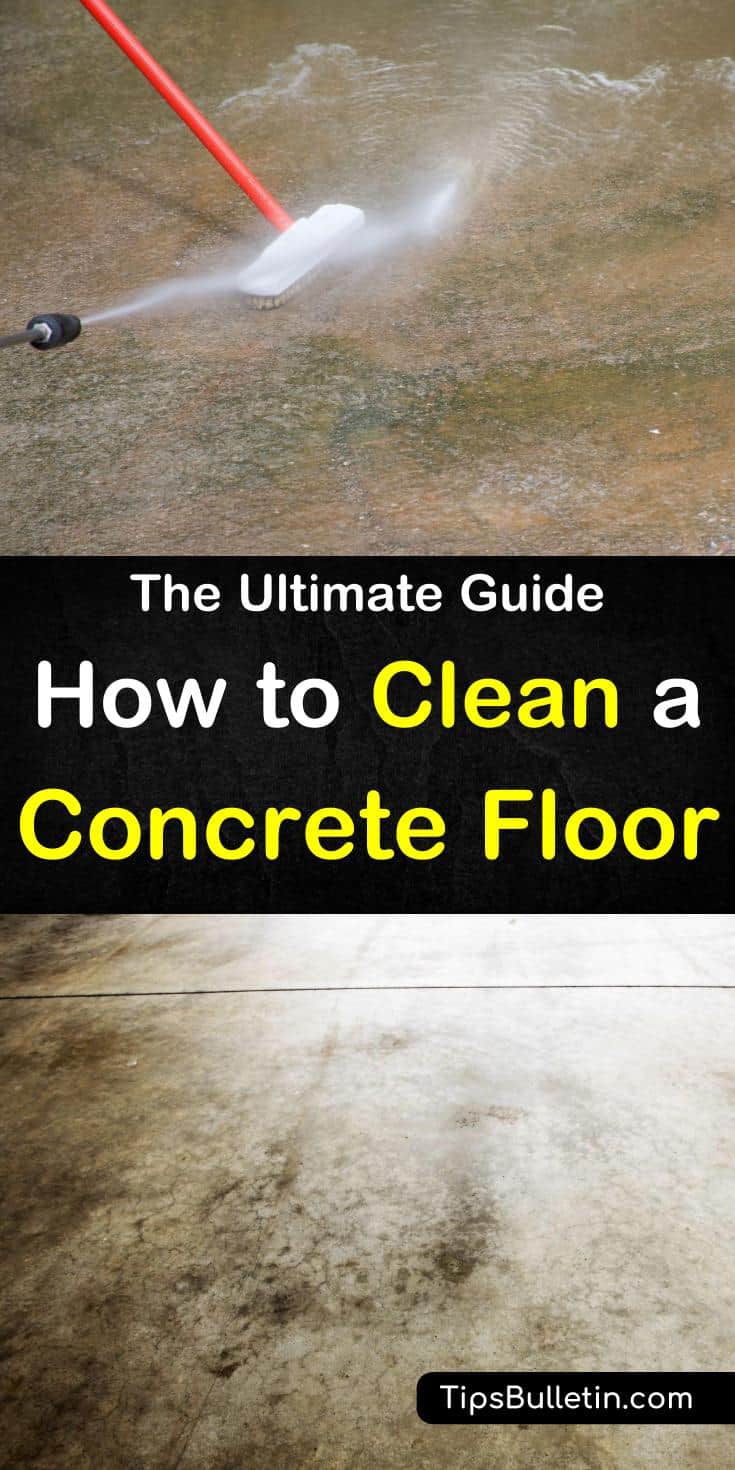 Learn tips and tricks on how to clean concrete floor. The cement floors in your garage, basement and driveways can get dirty. Discover how to make a cleaning solution using everyday products to remove paint, urine smells, and stains from all your concrete spaces. #cleanconcrete #concretefloors