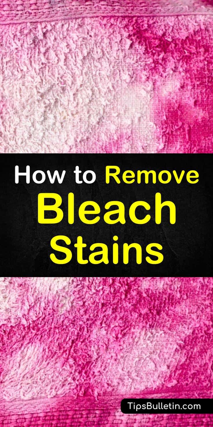 Discover how to remove bleach stains from clothes using these simple cleaning tips and tricks. Use vinegar to remove bleach stains from shoes, and baking soda to remove stains from carpet. Learn how to get bleach stains out of all kinds of fabrics using everyday products. #getbleachout #removebleach