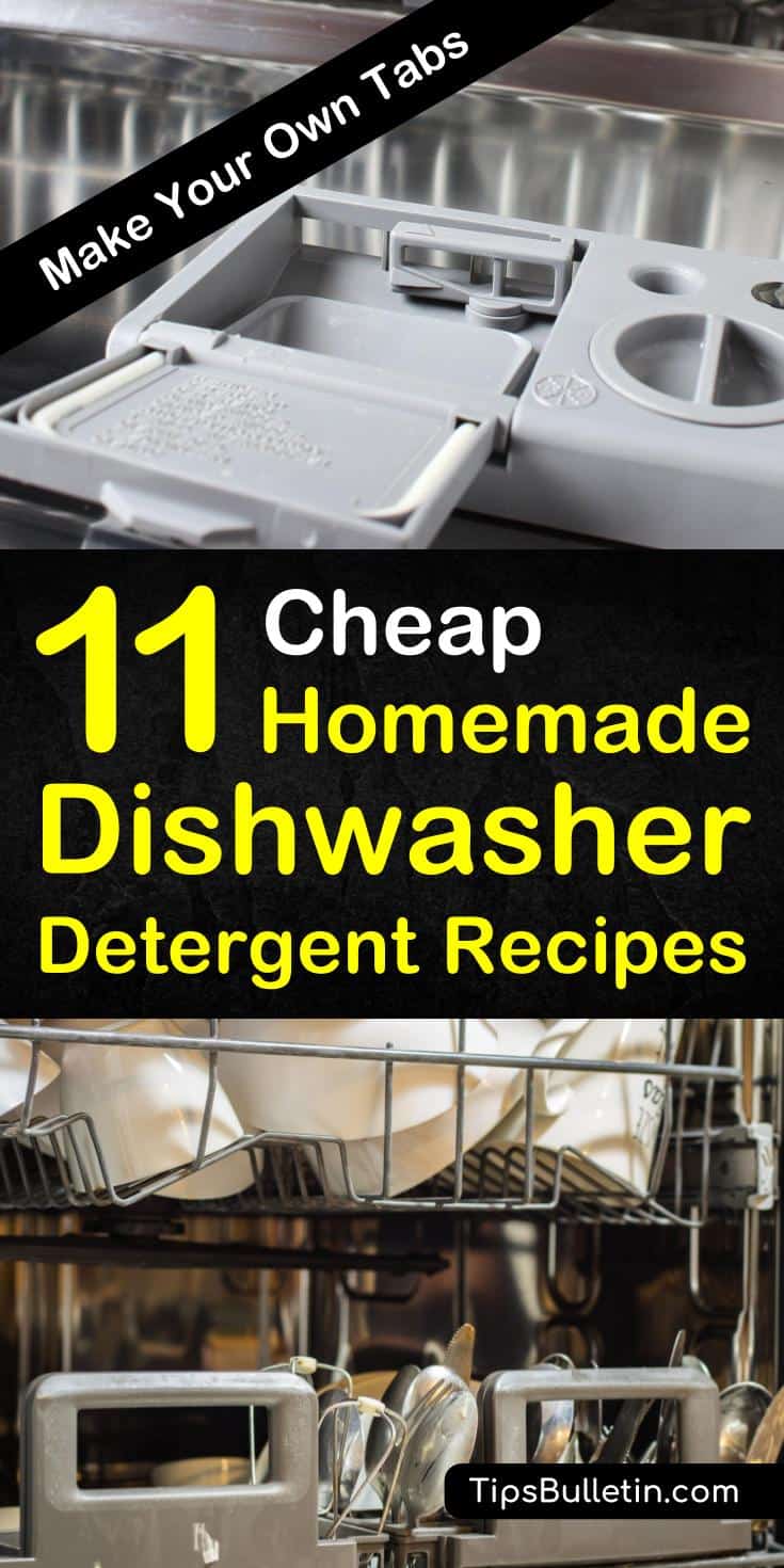 Learn how to make natural homemade dishwasher detergent in powder, liquid, and tablets. These recipes soften hard water with essential oils, vinegar, and citric acid. #dishwasher #diy #diydetergent #kitchen #cleaning