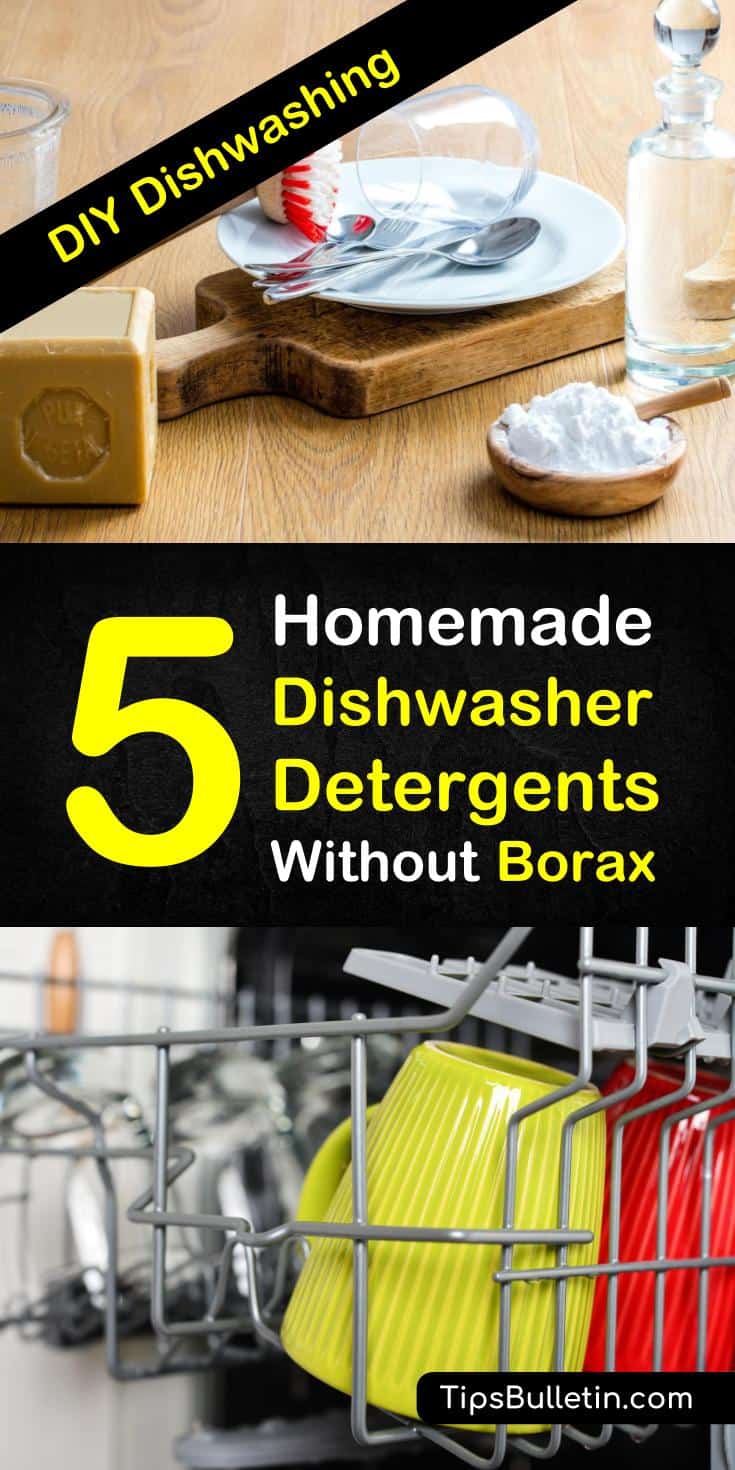 Keep your dishes clean - learn how to make detergents for soft and hard water with vinegar, castile soap, essential oils, fels naptha, and baking soda in place of borax. Safe for dishwashers and laundry! Try five recipes for homemade dishwasher detergent without borax: #dishwashing #borax #homemade