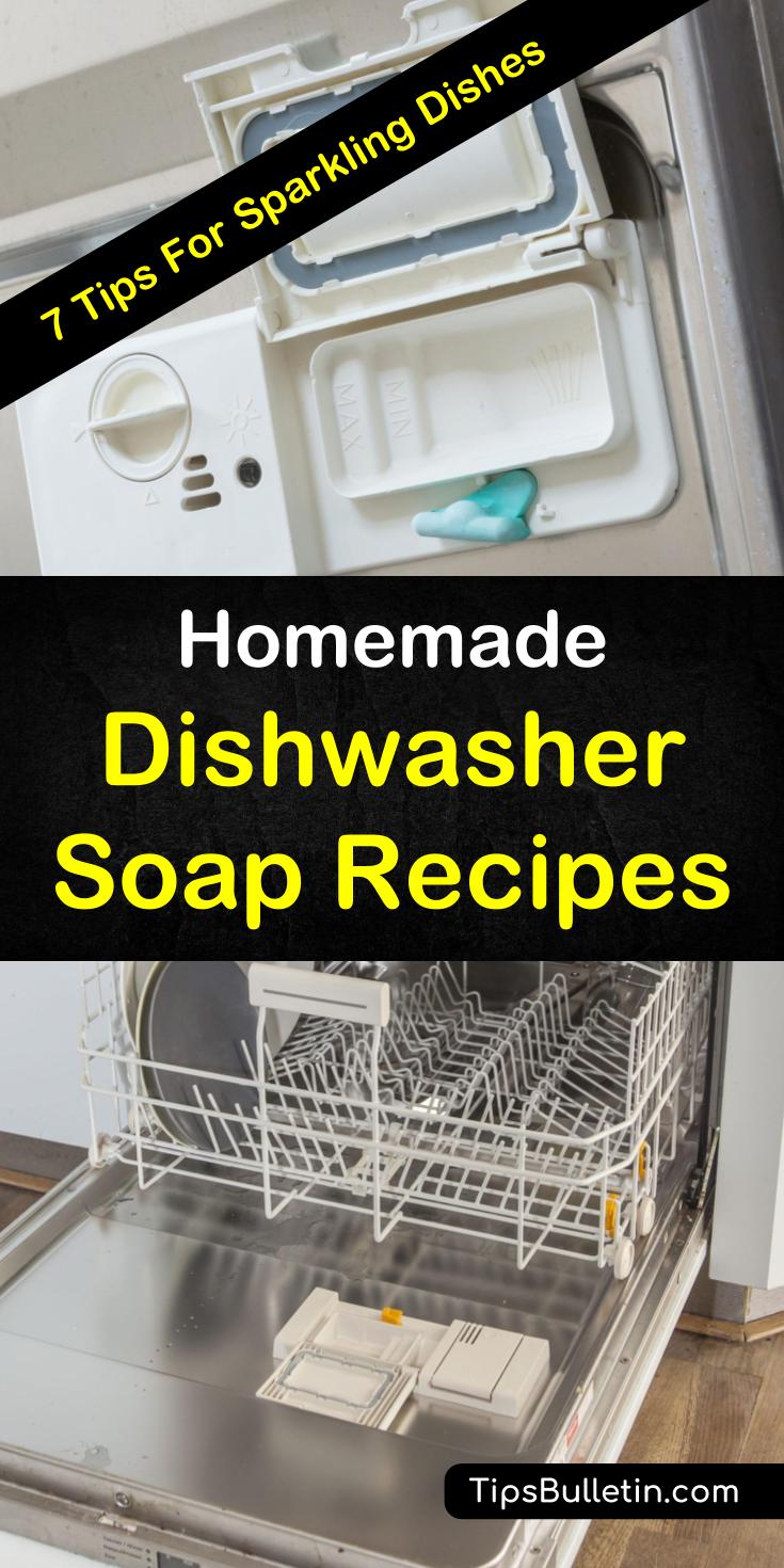 Here are a few easy recipes for how to make homemade dishwasher soap to produce the cleanest dishes. Whether you prefer liquid, tablets, or powder soaps, you are sure to enjoy these recipes! #cleandishes #sparklydishes #homemadesoap