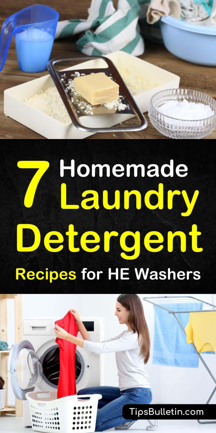 Go all-natural with your laundry detergent and explore the wonders of DIY laundry soap. Learn how to make your own homemade laundry detergent for HE washers with these 7 fun recipes. Wash more with less #diynaturaldetergent #noborax #laundry