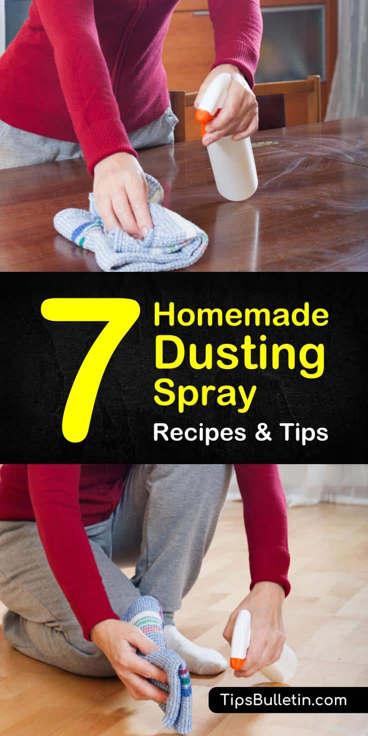 Try these homemade dusting spray recipes to get rid of dust and live healthier and cleaner. These DIY natural recipes are safe for your furniture and include lemon essential oils, recipes with white vinegar and without vinegar, baking soda. #dustfree #dust