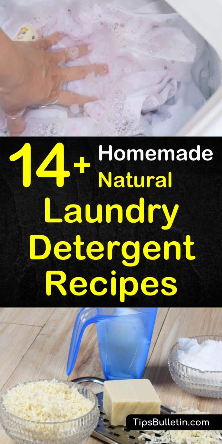 Try a homemade natural laundry detergent at your home. We list multi-use easy DIY natural laundry soap which are made from essential oils, baking soda, and fels naptha - all are free from chemicals, eco-friendly, and safe on sensitive skin. #laundry #detergent #DIY