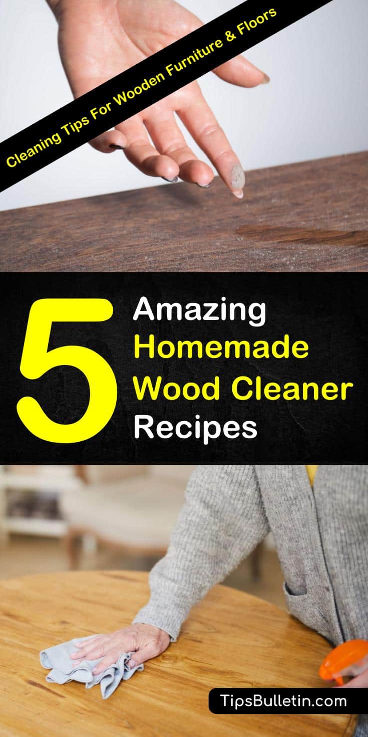 Learn how to clean and polish hardwood floors and furniture using products like baking soda, lemon essential oils, and vinegar. These 5 DIY tips will teach you how to make homemade wood cleaner. #woodcleaner #cleaningwood