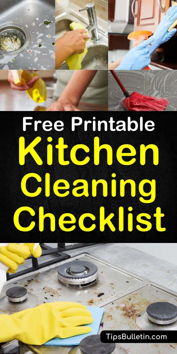 Learn to clean your kitchen like a pro with these free, printable kitchen cleaning checklists. Follow an easy to use chore chart for a daily, weekly, and monthly cleaning schedule that will get your entire kitchen clean in no time. #cleankitchen #kitchencleaningchecklists #kitchencleaningschedule