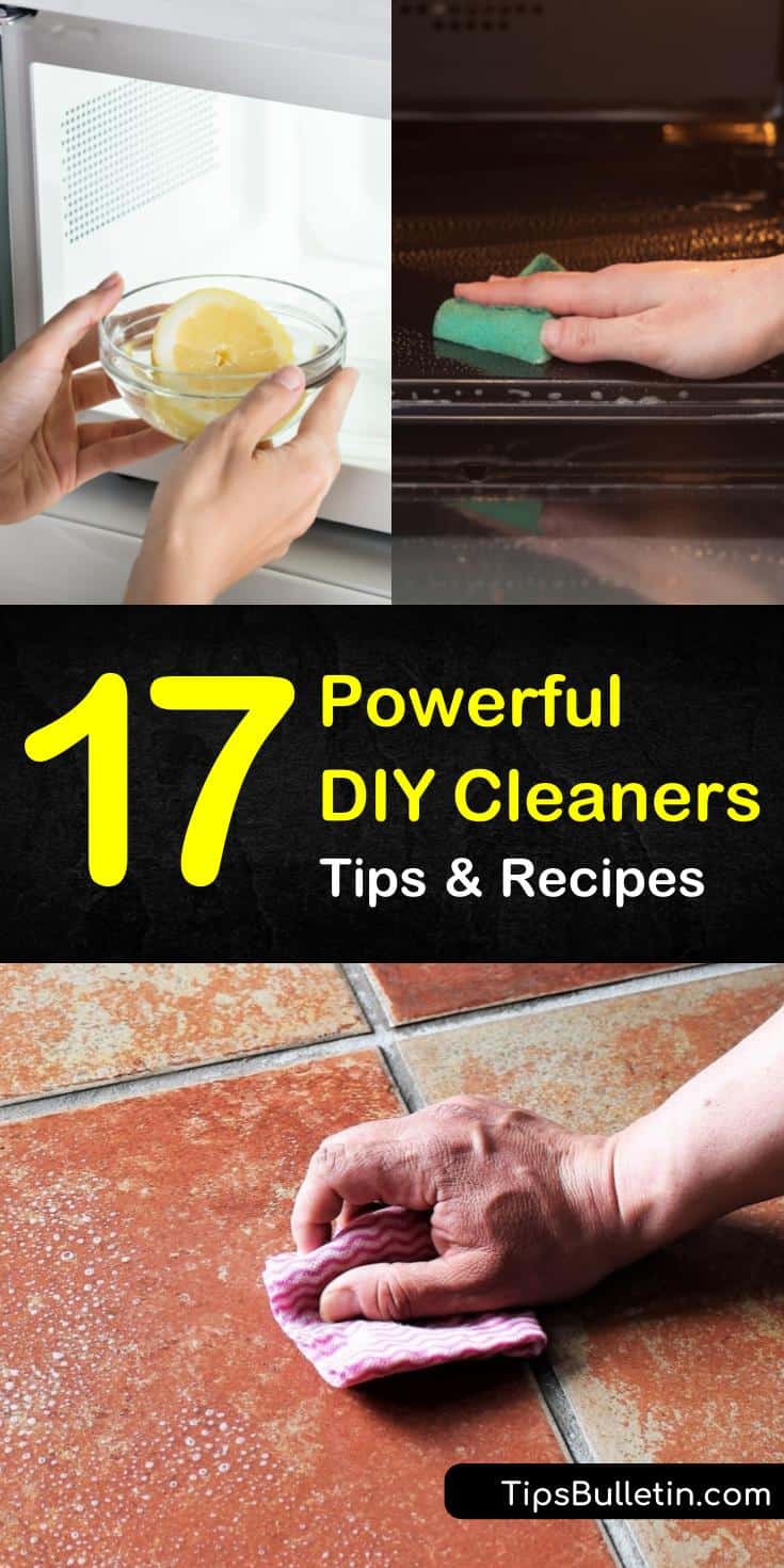 Discover 17 recipes for powerful DIY cleaners that will help you get your entire house clean. These natural recipes use ingredients like vinegar combined with essential oils. Learn how to make scrubs, all-purpose cleaners, and carpet cleaners quickly. #diycleaners #wholehouseclean #cleaning