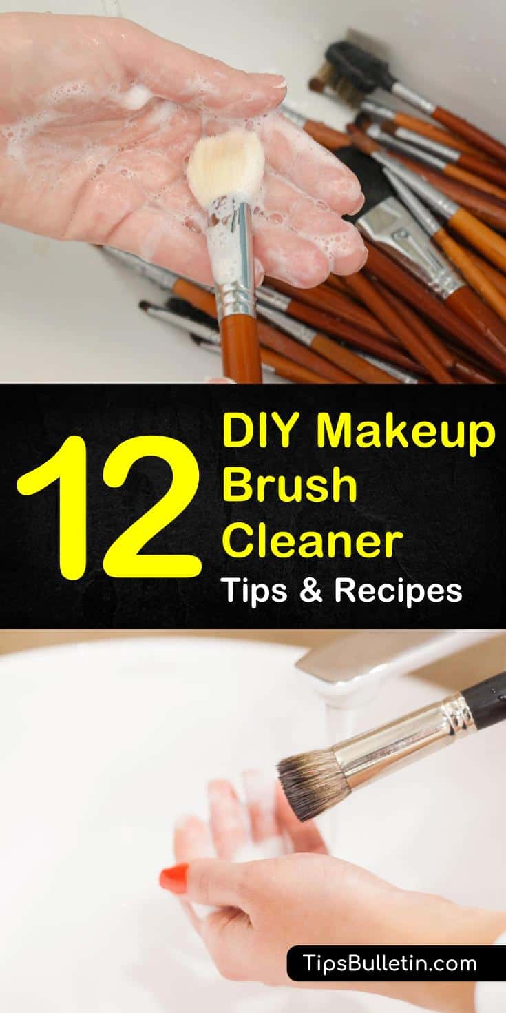 Try these 12 easy ways to make your own DIY makeup brush cleaner! With recipes that include gentle ingredients like coconut oil, witch hazel, baby shampoo, and vinegar, these diy cleaners will save you time and money. #diymakeupbrushspray #naturalingredients #easymakeupcleanerrecipes