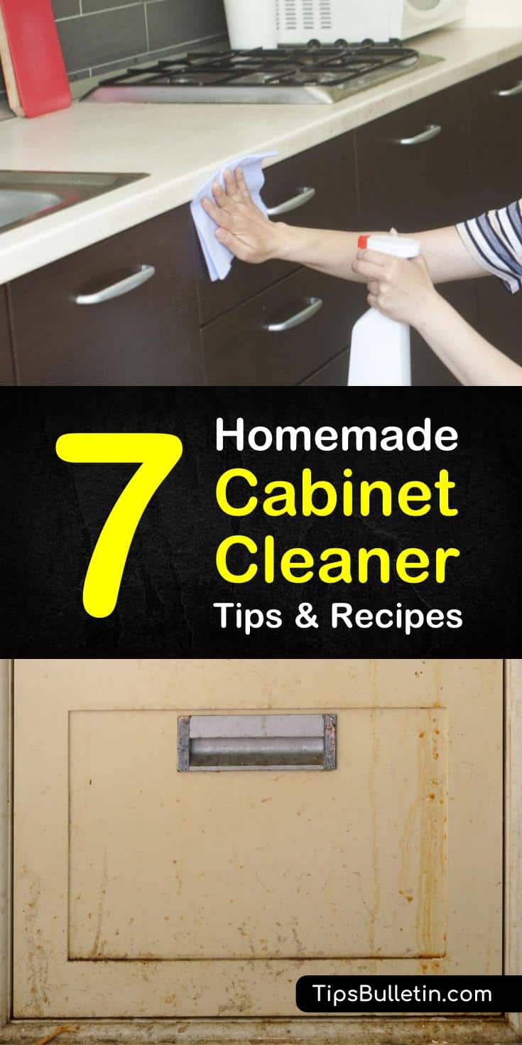 Learn how to make your own homemade cabinet cleaner to remove greasy stains from wood kitchen cabinets using our DIY recipes. Gather ingredients such as white vinegar, baking soda, and olive oils to start cleaning your wood surfaces. #kitchencabinets #cabinetcleaner