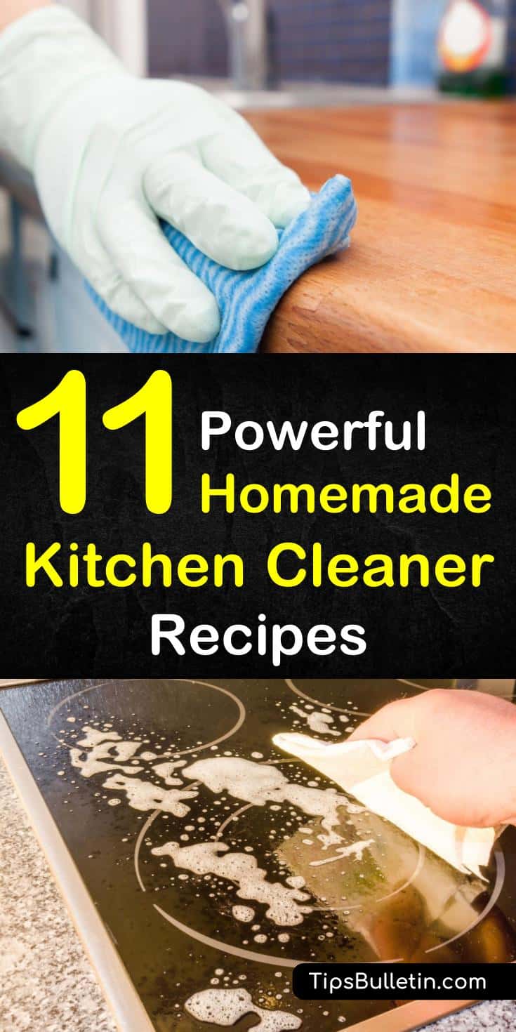 Learn how to make effective homemade kitchen cleaner recipes using natural ingredients like castile soap, tea tree essential oils, vinegar, and baking soda. Clean all your kitchen surfaces, including stainless steel with these simple DIY cleaning recipes. #kitchencleaners #naturallyclean #diycleaner