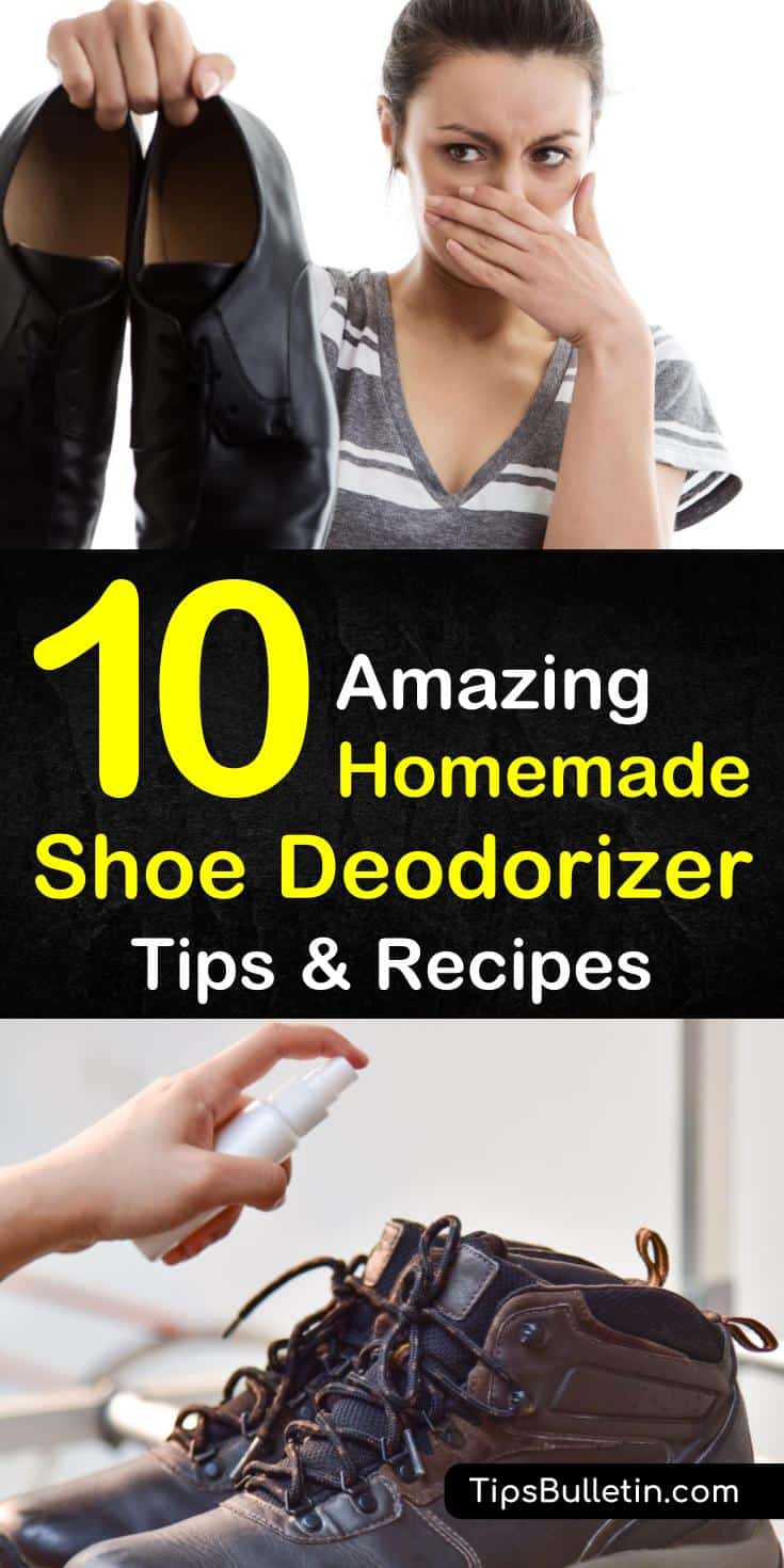 Try a homemade shoe deodorizer to get rid of stinky shoe smell using common products like baking soda, powder, essential oils, and tea bags. These DIY shoe deodorizer tips will teach you how to make a nifty spray or a shoe deodorizing sachet with a coffee filter and tea tree oil. #smellyshoe #deodor