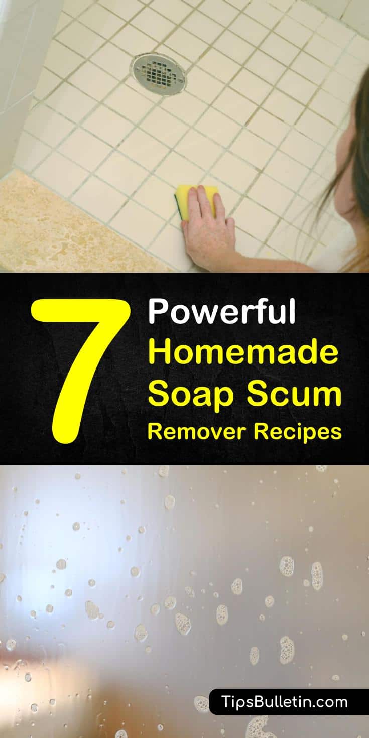 Discover 7 amazing DIY recipes for a soap scum remover to get rid of hard water stains and soap scums in your bathroom tubs and on tiles. Learn how to use baking soda and white vinegar in cleaning glass shower doors, tiles, and sink. #showercleaner #cleaning #soapscum