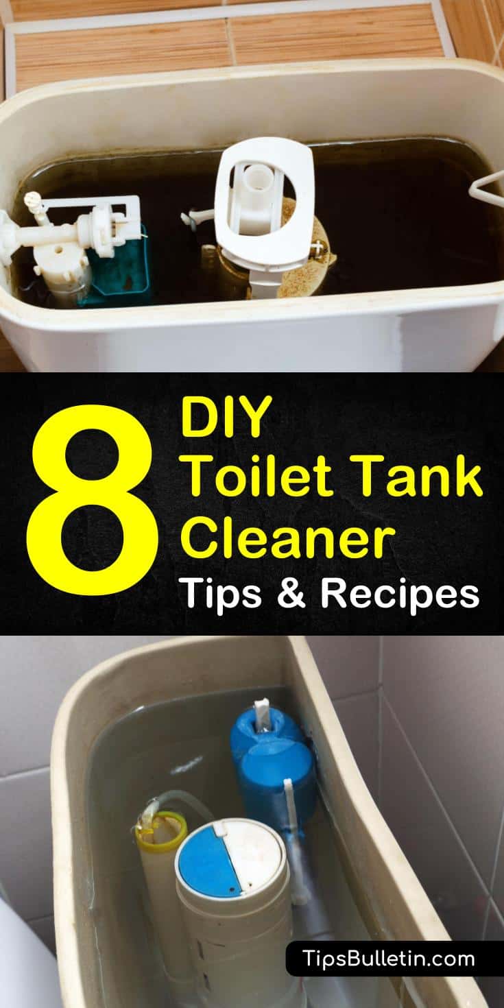 Learn how to clean toilet tank the natural way. Remove hard water stains on toilet tanks and bowls. Skip the bleach, and make your home bathroom shine with homemade cleaning products made from natural ingredients such as vinegar and baking soda! #homeremedies #vinegar #toiletcleaning #bathroom