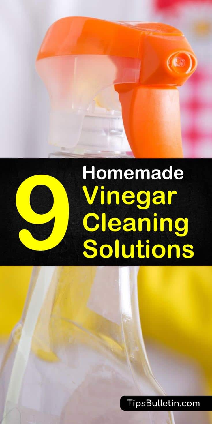 Many DIY cleaner recipes, including sprays, use vinegar as a main ingredient. Mixed with baking soda and essential oils a homemade vinegar cleaning solution is safe for floors, washing machines, and even scrubs through soap scum. #vinegarsolution #vinegarcleaningsolutions