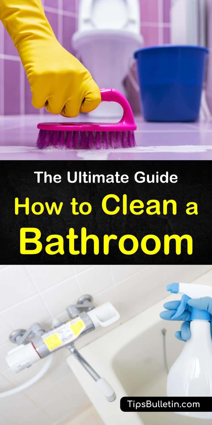 Learn how to clean a bathroom with this step by step guide. Discover the process for cleaning the shower, tub, toilets, sink, and floor fast and find out how to eliminate soap scum with just baking soda and vinegar. #clean #bathroom #cleaning