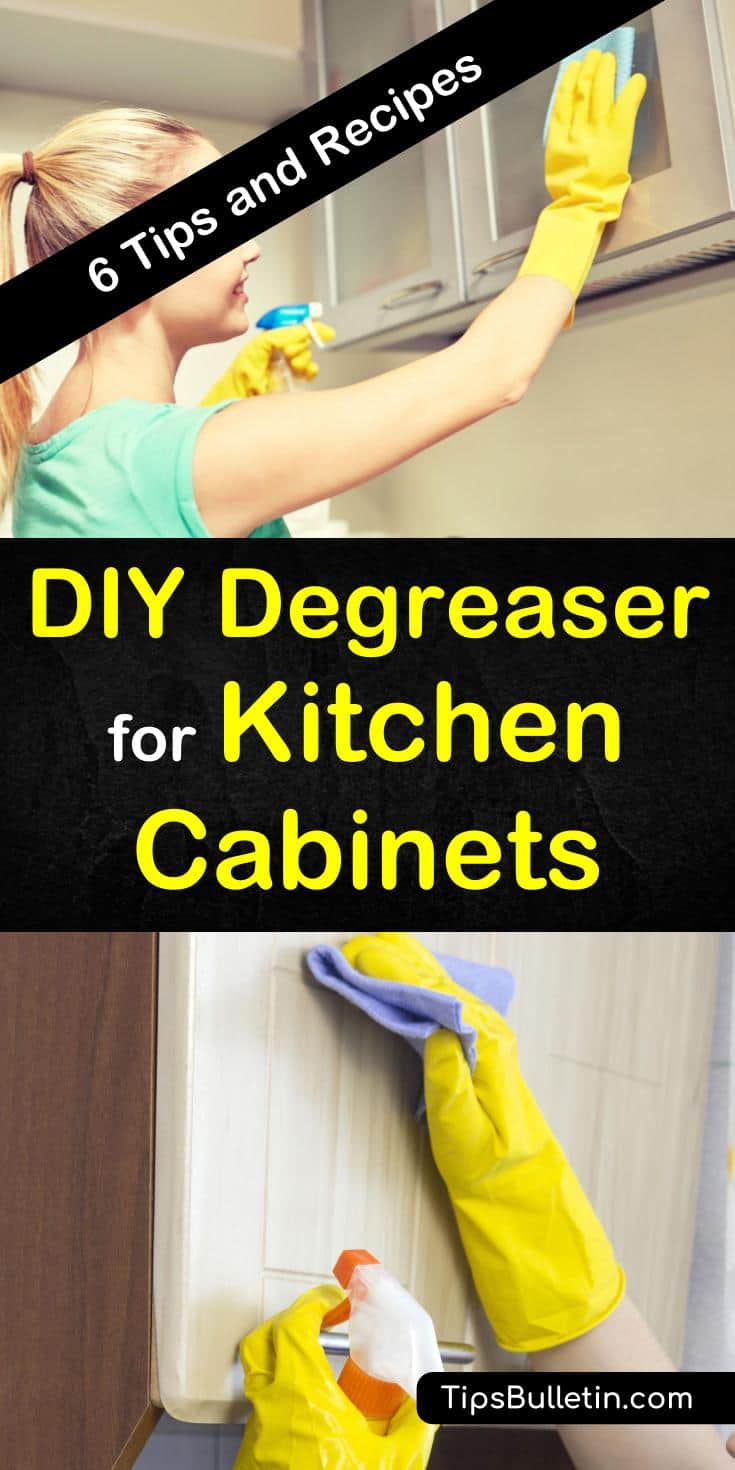 Discover six amazing tips and tricks for a DIY degreaser to clean kitchen cabinets. Remove grease and grime build-up with homemade cleaning products. Ingredients include Dawn dish soap, white vinegar, salt, baking soda, and water. #degreaser #kitchencabinets #cleancabinets