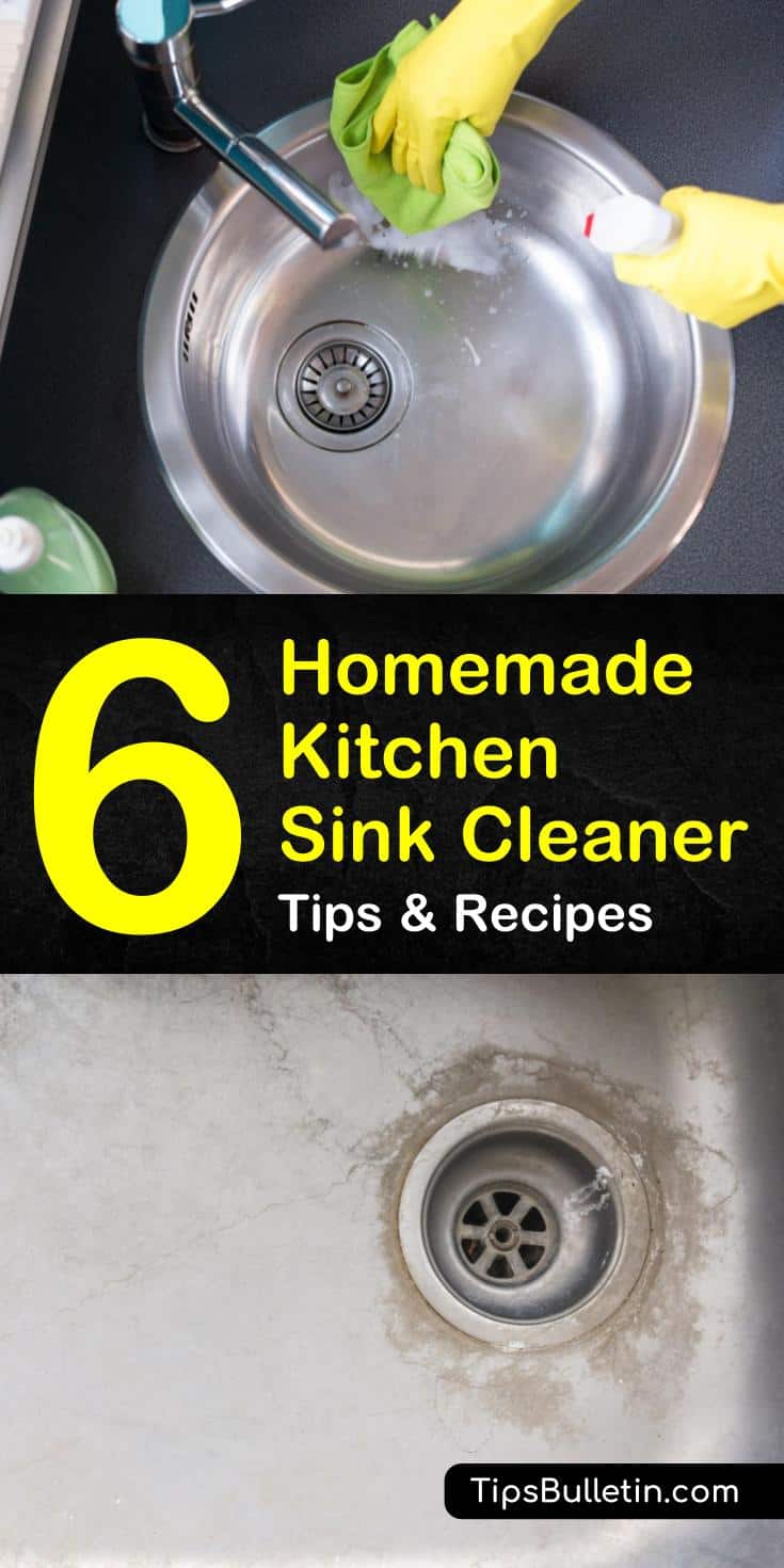 Try these 6 homemade kitchen sink cleaner recipes with Borax, vinegar, and even freshly-cut lemons. Discover cleaning tips for shining a stainless steel sink without scratching the surface. Find out which cleaners work as a drain cleaner to remove a clog. #homemade #kitchen #sink #cleaner