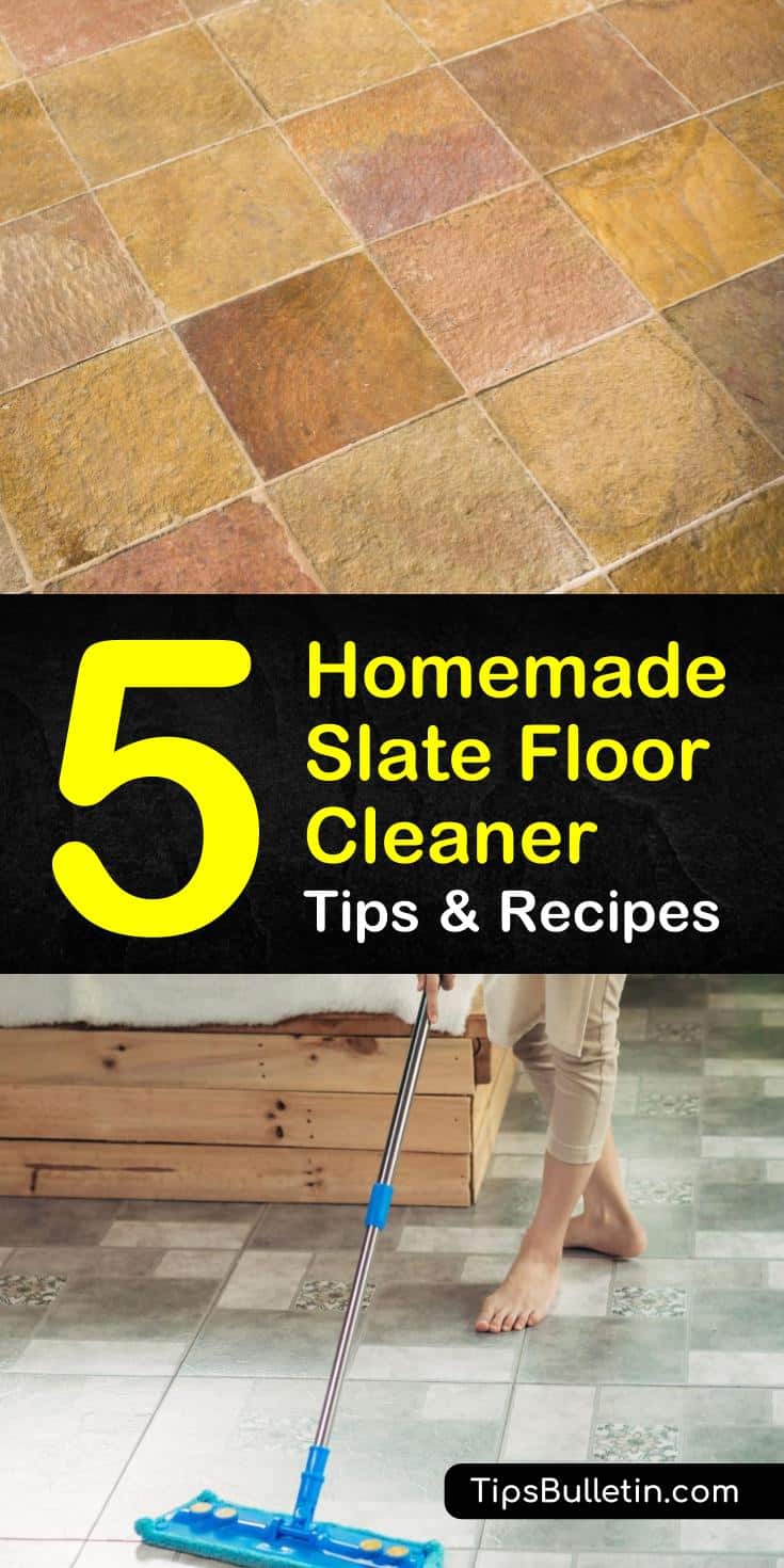 Use these 5 homemade slate floor cleaner recipes and tips to treat your tile floors with care. Try cleaning products like baking soda and hydrogen peroxide that won’t damage slate floors. Learn the best ways for mopping with a wet mop or dust mop on slate. #homemade #slate #floor #cleaner #diy