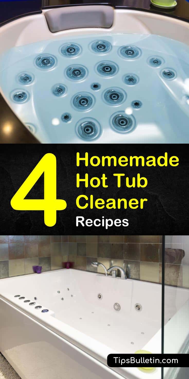 Learn how to use homemade hot tub cleaner made out of vinegar, baking soda, and other natural DIY cleaners to clean soap scum and mildew from fiberglass and wooden hot tubs. You won’t believe how clean you can make your tub. #cleanhottub #hottub #tub