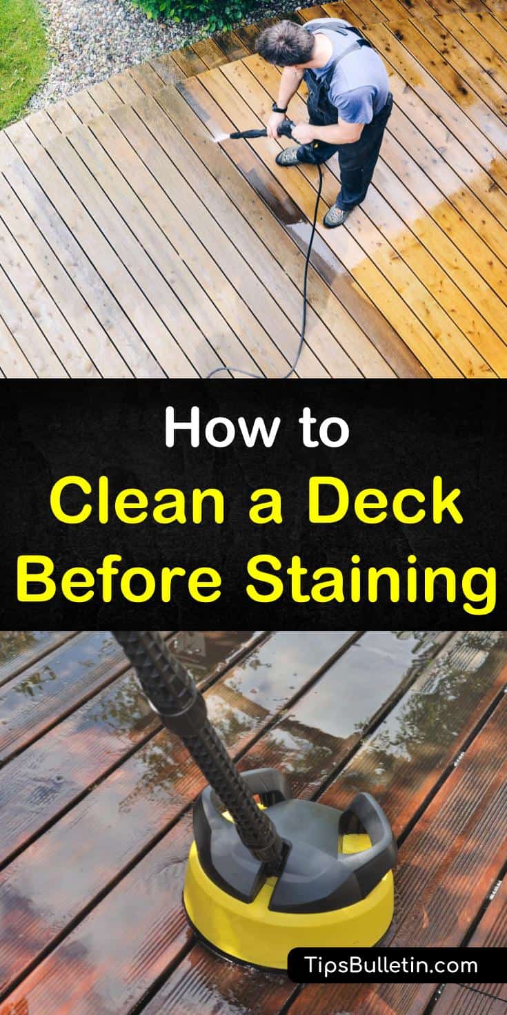 Discover how to clean a deck before staining, and make your home look beautiful. We show you how to use a broom and power washer to prepare your deck for a new staining. Your deck will transform into a thing of beauty. #cleaning #deckstaining #cleandeck