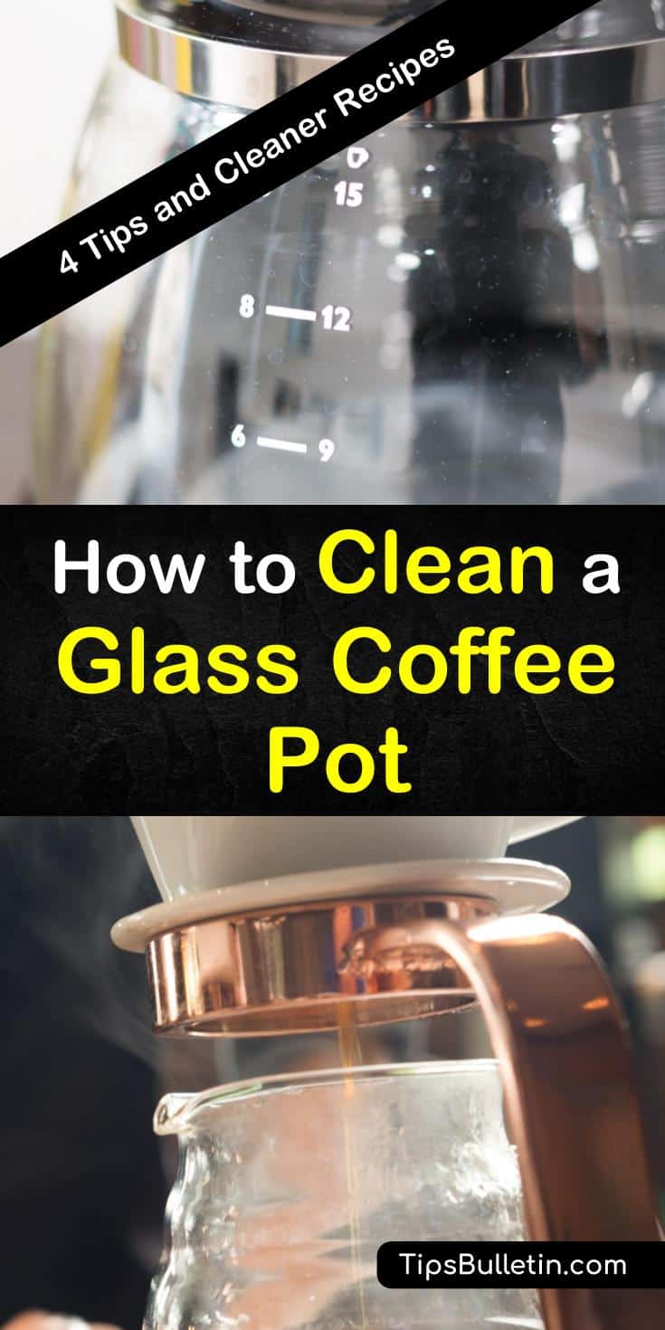 These tips show you how to remove coffee stains and hard water stains off a glass coffee pot with vinegar, baking soda, and even ice. Some of these cleaner recipes can also clean stainless steel. #glasscoffeepotcleaner #howtocleanacoffeepot #coffeepotcleaning