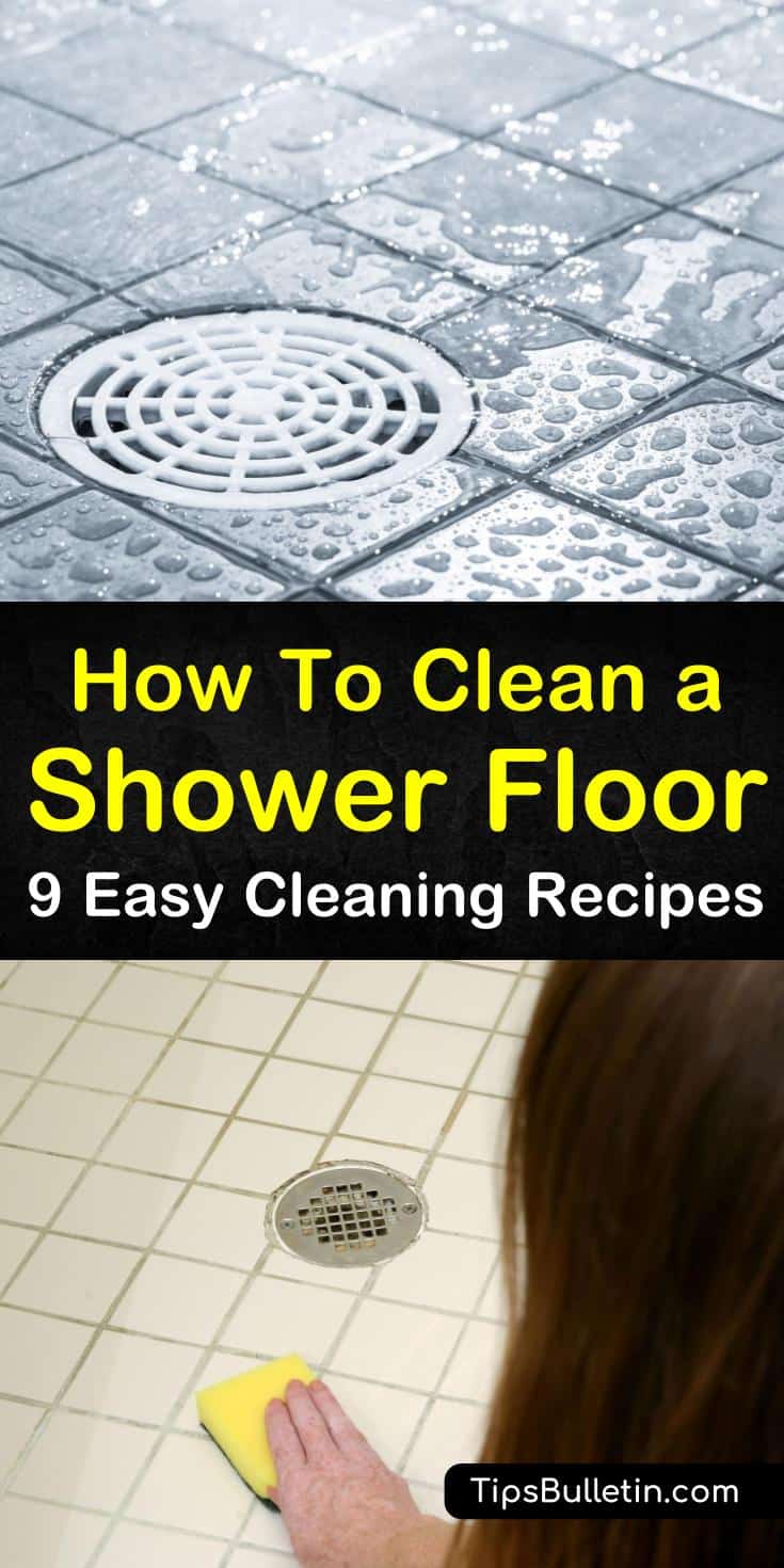 We’ve got DIY cleaner recipes for cleaning the shower floor. Remove hard water stains, mold, and soap scum from shower tile and grout, and fiberglass using natural household ingredients such as vinegar and baking soda. #cleaningashowerfloor #showercleaner #howtocleanshowerfloor