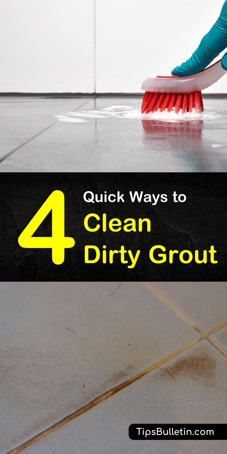 Discover 4 amazing home remedies for how to clean dirty grout in kitchen and bathroom floors. If you have dirty tiles, you can use household products like hydrogen peroxide and baking soda to scrub off grime. #cleaningdirtygrout #diy #cleaning #grout