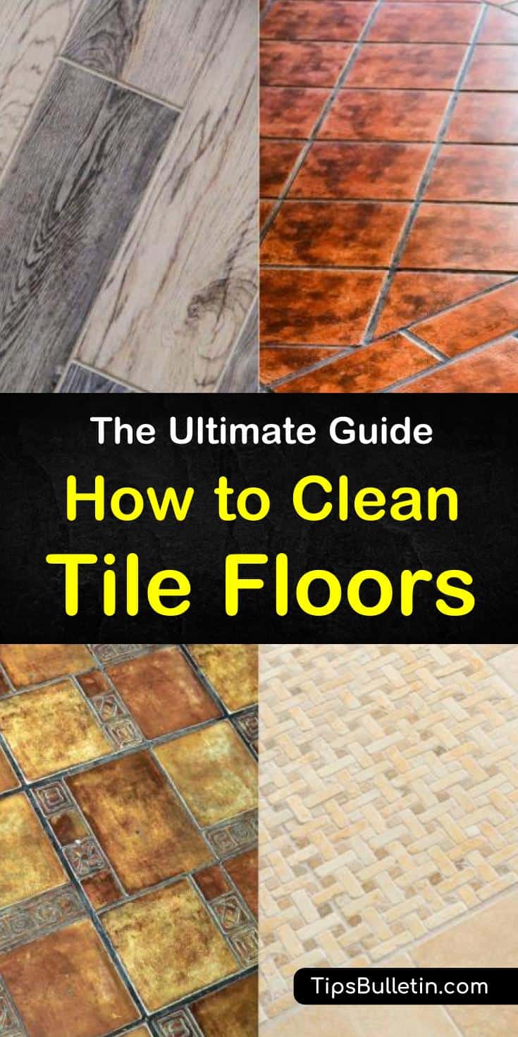 Discover cleaning tips and find out how to clean tile floors with our ultimate guide. We show you how to use baking soda, white vinegar, microfiber mops, your old toothbrush, warm water, and other cleaning products to remove grime by mopping and scrubbing. #tilefloorcleaning #tiles #floorcleaning