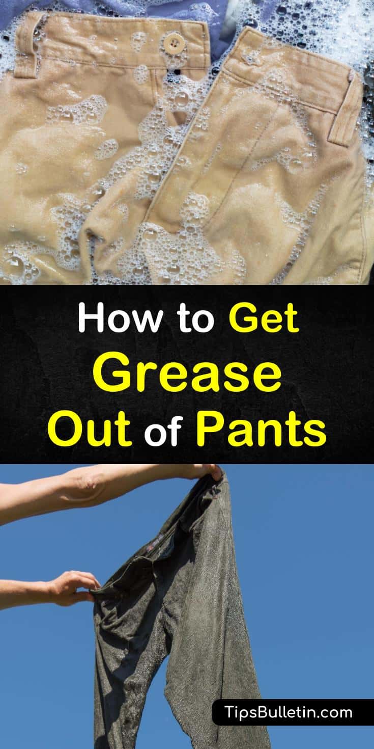 Grease and oil stains happen when you least expect them to. Learn how to remove unsightly grease stains using common ingredients like baking soda and vinegar from your clothing. #greasestains #pants #laundry