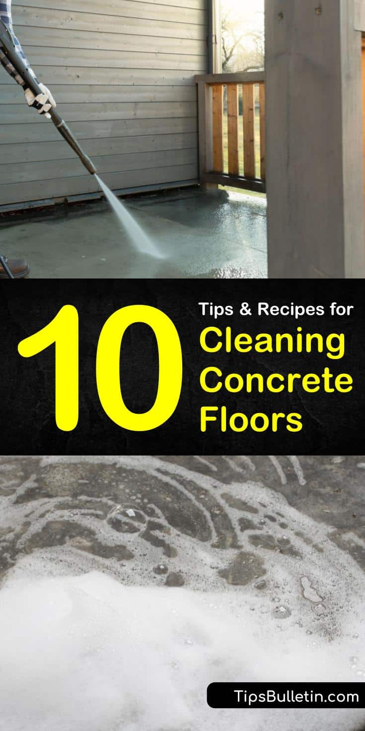 Try any of these tips for cleaning concrete floors using DIY recipes and solutions. Learn how to use sealants to protect floors in your basements and living spaces. Discover a new method for how to remove stains from cement and patios using Simple Green. #cleaning #concrete #floors